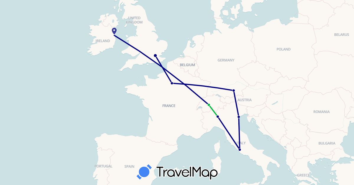 TravelMap itinerary: driving, bus in Switzerland, Germany, France, United Kingdom, Ireland, Italy (Europe)