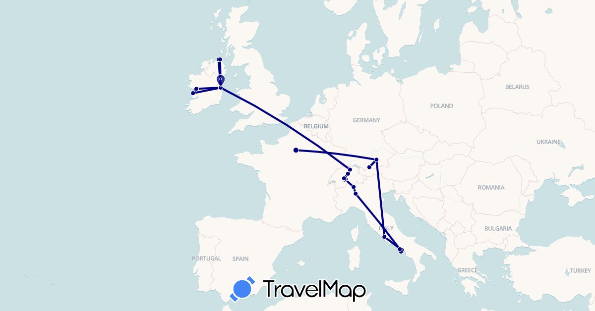 TravelMap itinerary: driving in Switzerland, Germany, France, United Kingdom, Ireland, Italy (Europe)
